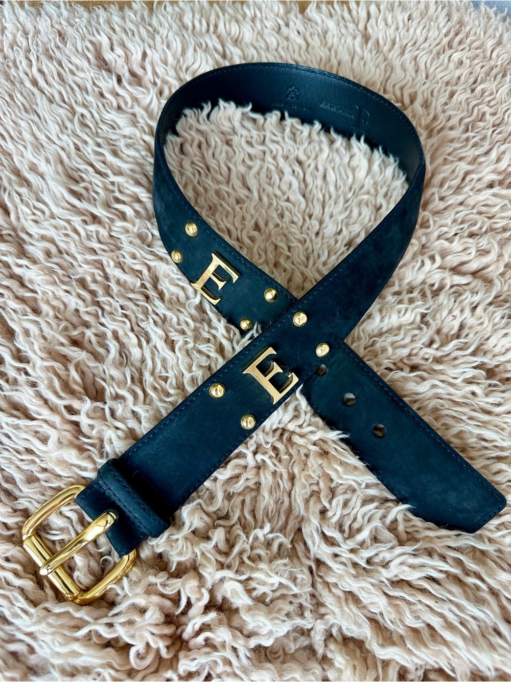 Rare! Vintage Escada Sport Black Suede Belt with Gold E Logo EU 36 US S 26-28